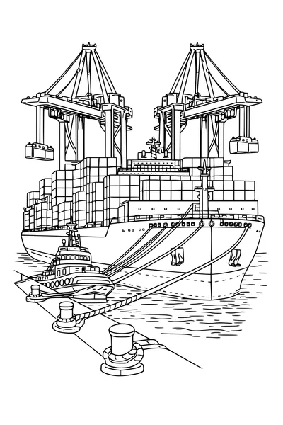 Kleurplaat van een containerschip aan de kade met containers