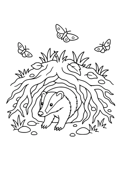 Coloring page of a badger emerging from its sett at dusk