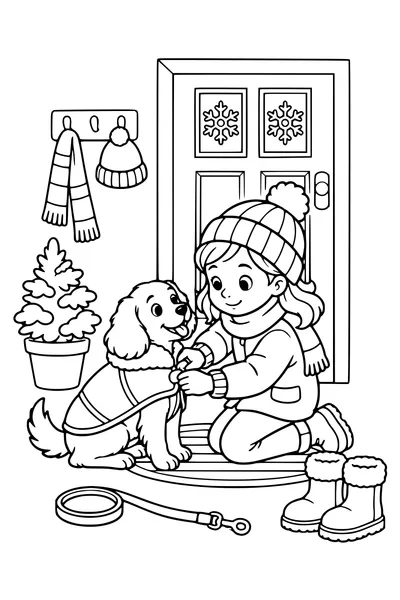 Un enfant aide un petit chien à mettre un manteau d’hiver.