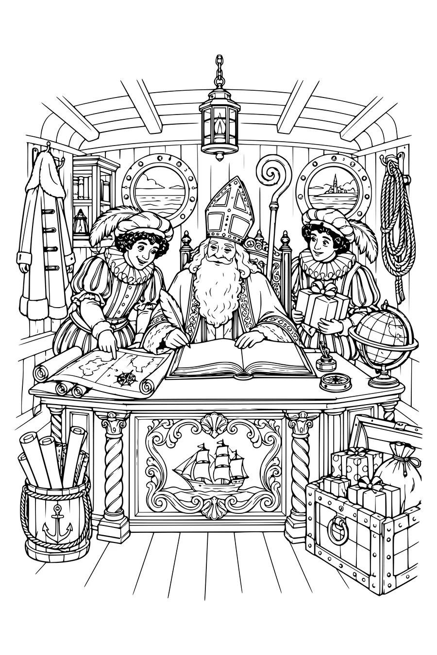 Een schrijftafel, ronde ramen en een opgerolde zeekaart vullen de kajuit van de Sint.
