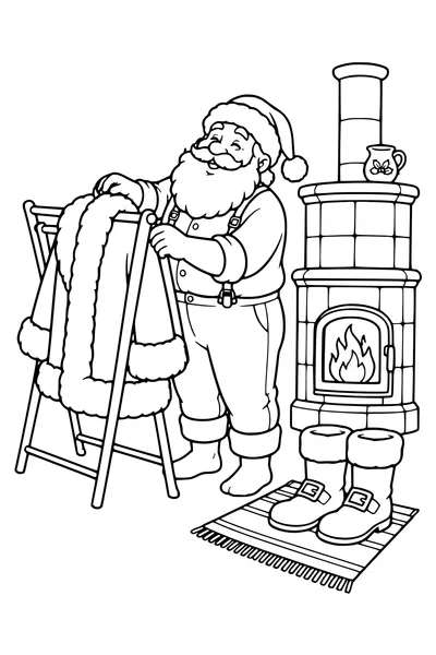 Le Père Noël suspend un manteau enneigé près d’un poêle.
