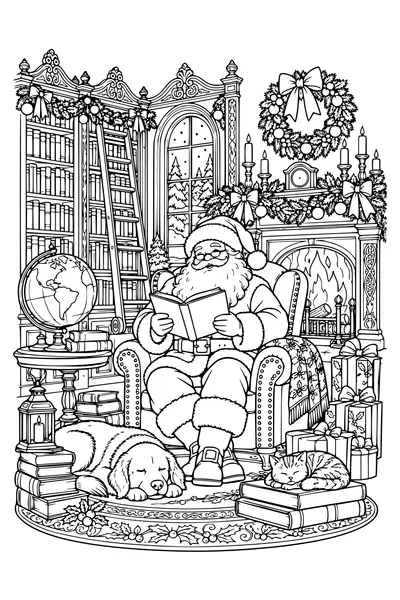 De grandes étagères, une échelle et un globe près du fauteuil du Père Noël.