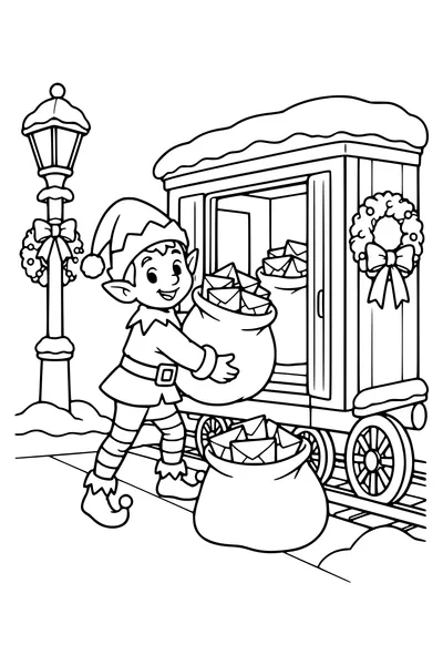 Un lutin charge des sacs de lettres dans un wagon postal.