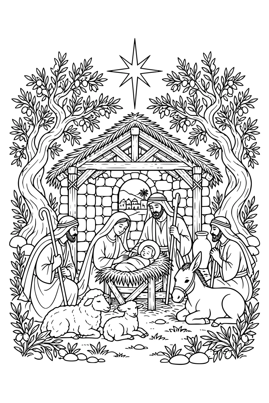 Une crèche en pierre entre oliviers, bergers et animaux reposant.