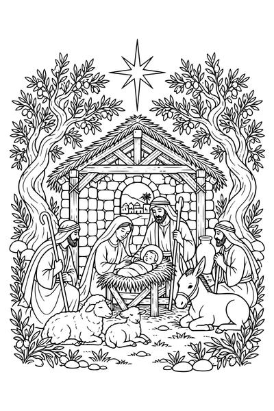 Une crèche en pierre entre oliviers, bergers et animaux reposant.
