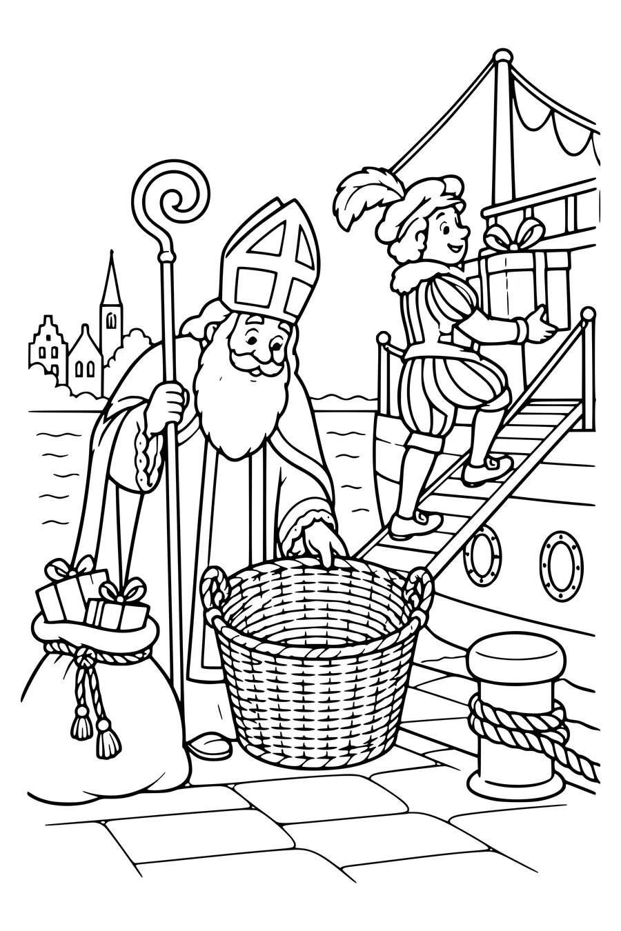 Saint Nicholas checks an empty basket on the quay while an adult helper carries the final parcel up the gangplank.