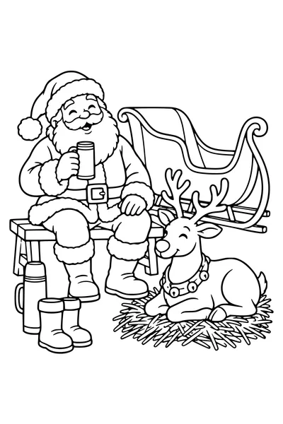 Un Père Noël fatigué assis près d’une luge vide et un renne qui se repose.