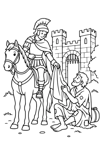 Saint-Martin à cheval partage une partie de son manteau avec un voyageur assis.