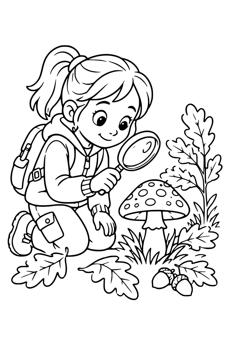 Un enfant observe un champignon à la loupe, sans le cueillir.