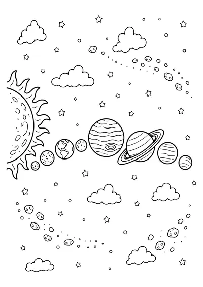 Coloring page of the eight planets in a row with Saturn`s rings