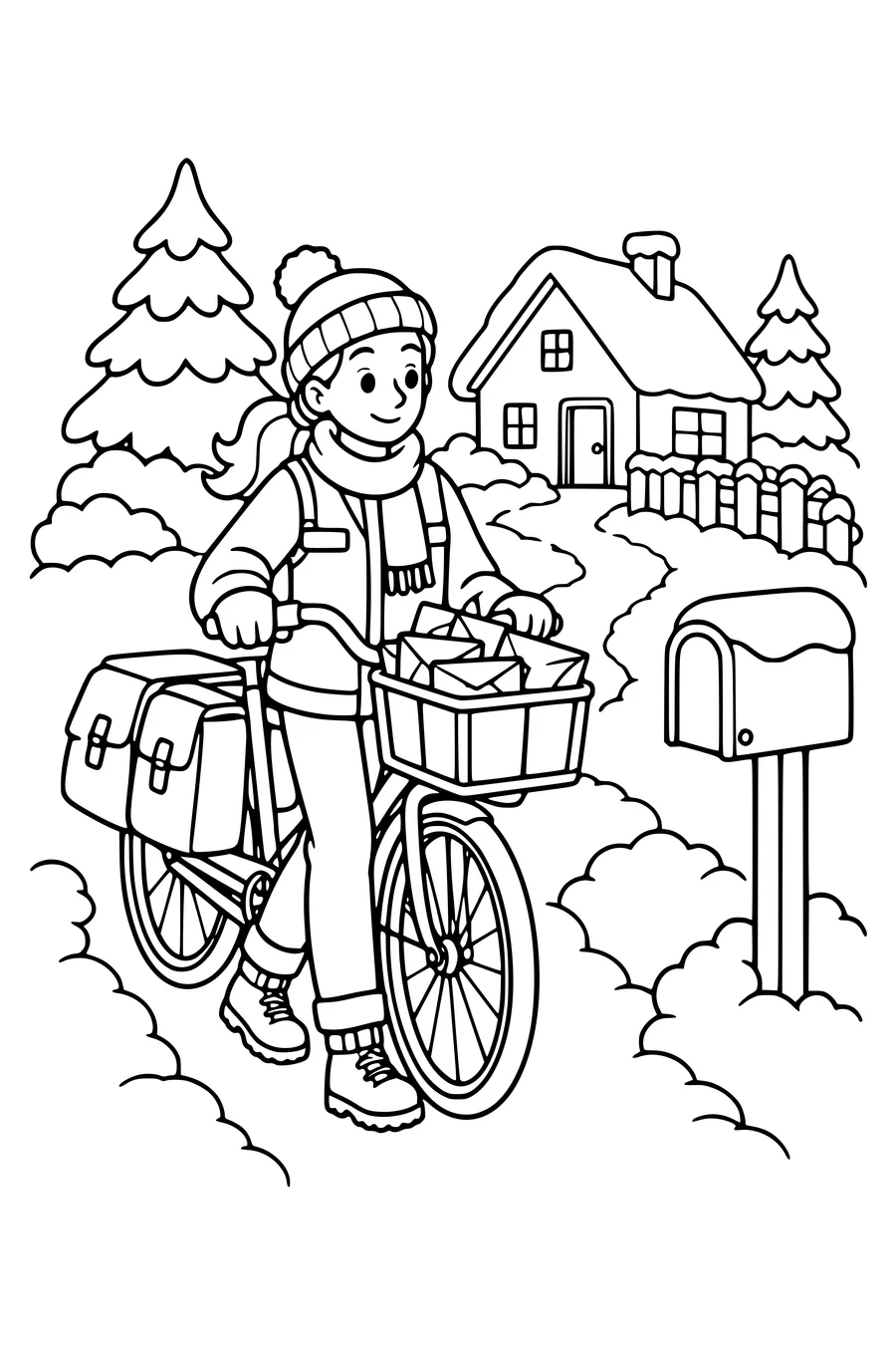 Un facteur pousse son vélo le long d’un chemin vers une boîte aux lettres.
