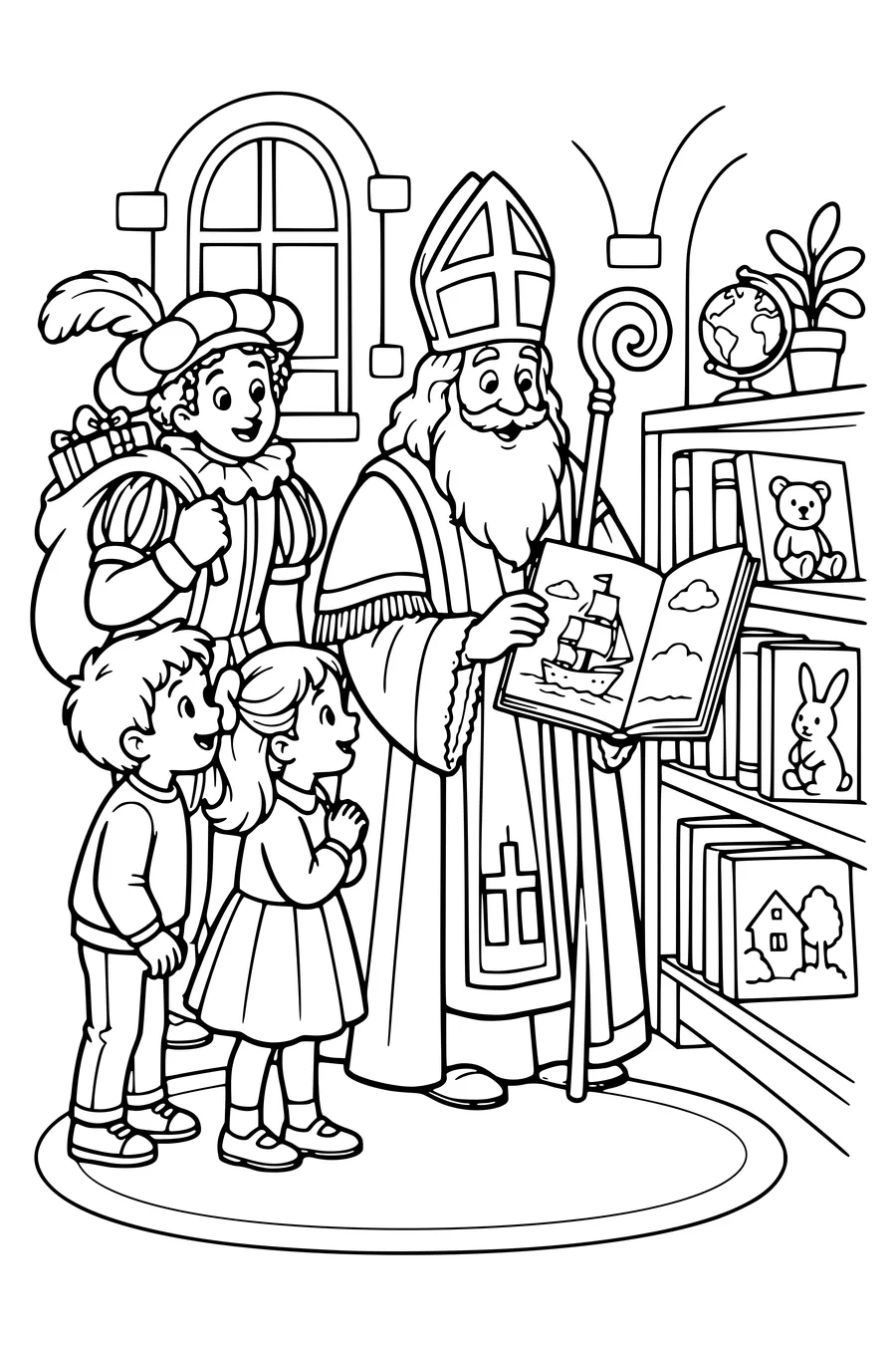 Tussen lage boekenkasten kiest Sinterklaas een prentenboek voor twee kinderen.