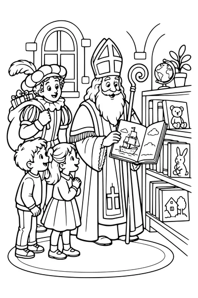 Saint-Nicolas choisit un livre illustré pour deux enfants entre étagères basses.