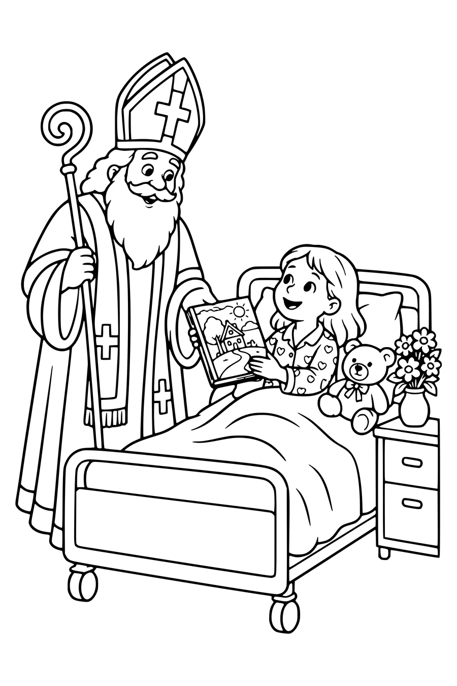 Sinterklaas overhandigt een boek aan een kind in bed naast een knuffelbeer.
