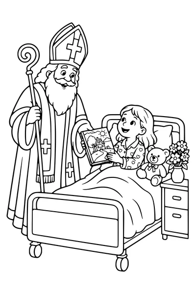 Saint-Nicolas remet un livre à un enfant au lit près d’un nounours.