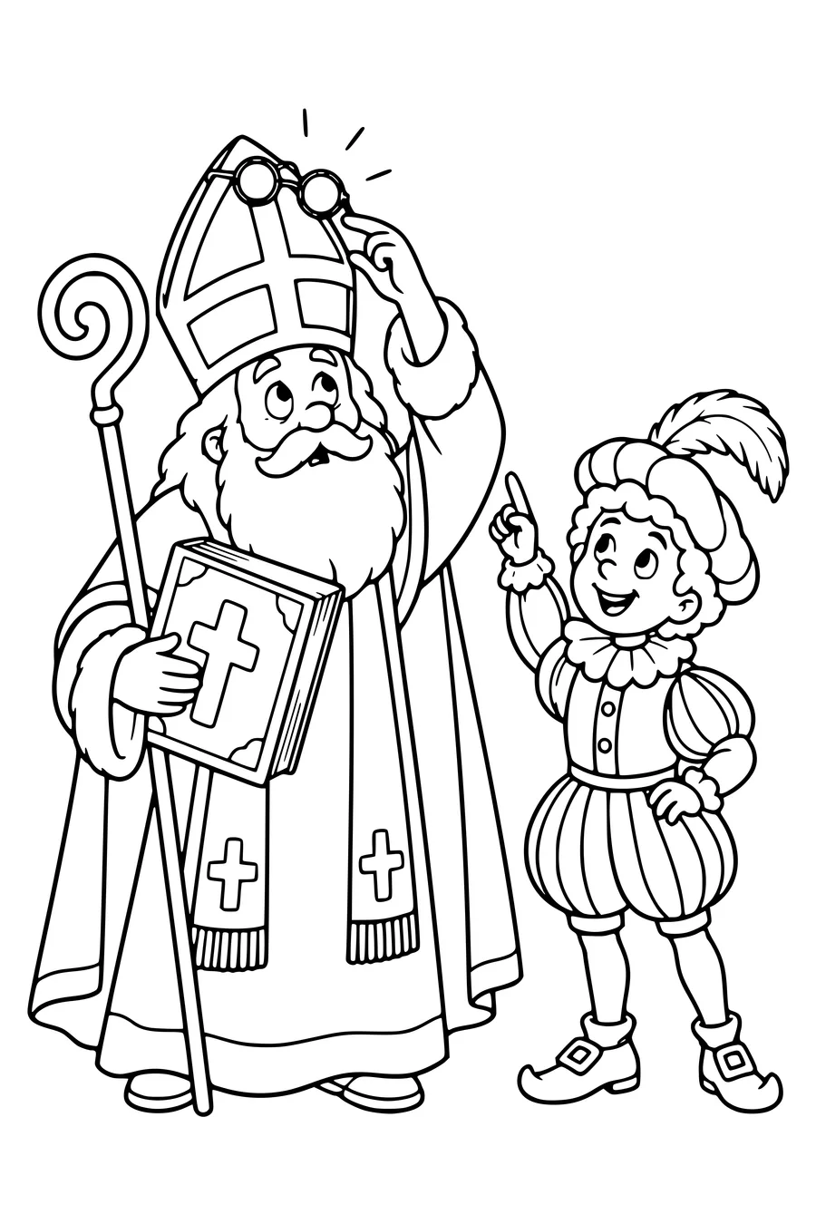 Sinterklaas kijkt onder zijn boek terwijl zijn bril boven op de mijter zit.