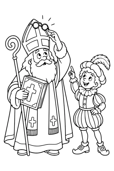 Sinterklaas kijkt onder zijn boek terwijl zijn bril boven op de mijter zit.