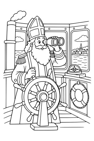 Op de brug van de pakjesboot tuurt een kapitein langs het stuurwiel naar de kust.