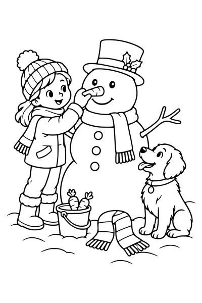Un enfant place une carotte dans le nez d’un bonhomme de neige tandis qu’un chien regarde.