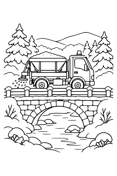 Une épandeuse traverse un petit pont avec de la neige le long de la balustrade.