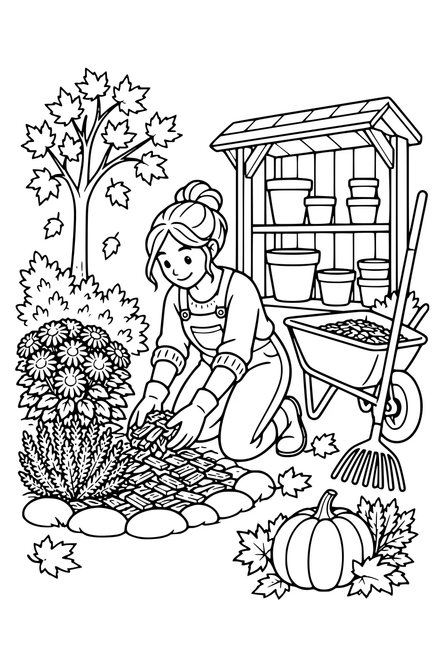 A gardener spreads mulch around autumn plants while empty flowerpots sit beneath a small shelter, wheelbarrow and rake nearby.