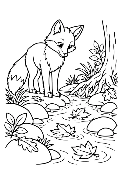 Een vos kijkt naar herfstbladeren die langs een kleine beek drijven.