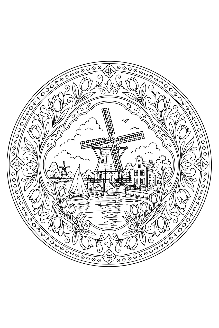 Gratis printbare kleurplaat van delfts blauw bord met molen
