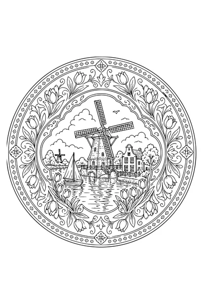 Gratis printbare kleurplaat van delfts blauw bord met molen