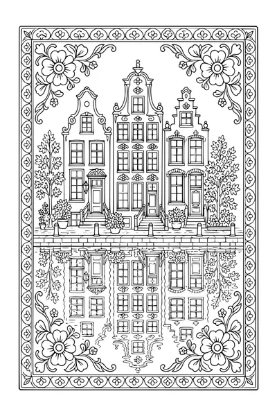 Gratis printbare kleurplaat van delfts blauwe grachtenpanden