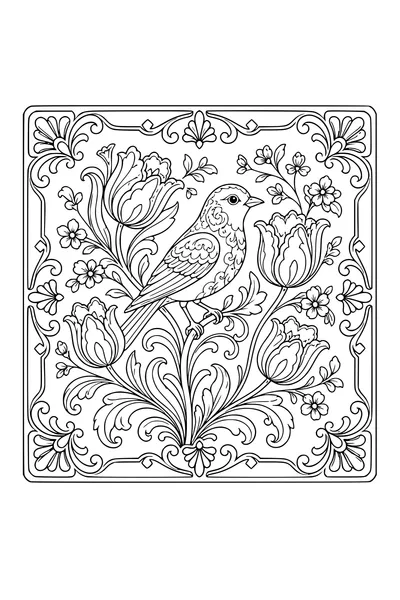 Gratis printbare kleurplaat van delfts blauwe vogel en bloemen