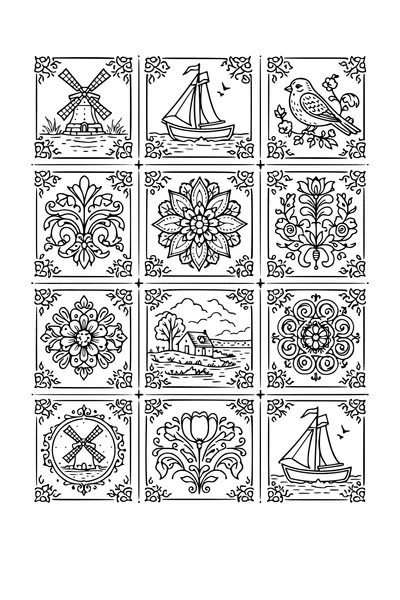 Kleurplaat van een tegeltableau van zestien tegels met molen-, boot- en bloemmotieven
