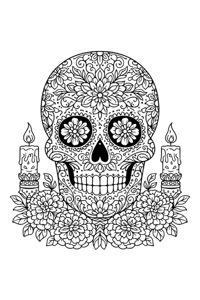 Coloring page of a decorated sugar skull with marigolds and candles