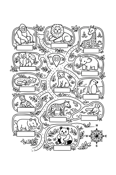 Kleurplaat van een dierentuinplattegrond met paden en lege labels