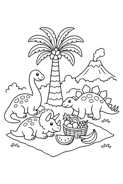 Kleurplaat van drie vriendelijke jonge dinosaurussen op picknick