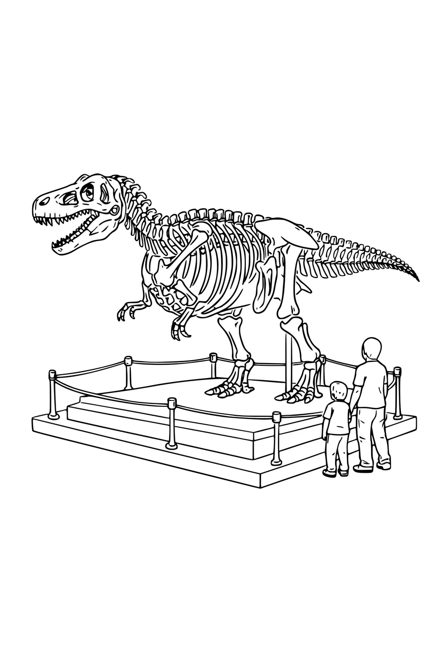 Coloring page of a mounted dinosaur skeleton in a museum