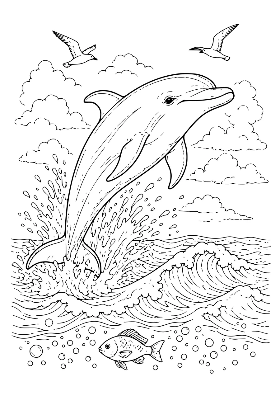 Kostenloses Ausmalbild: Delfin springt über die Wellen