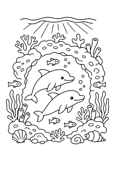 Medium coloring page of two young dolphins swimming through a coral tunnel