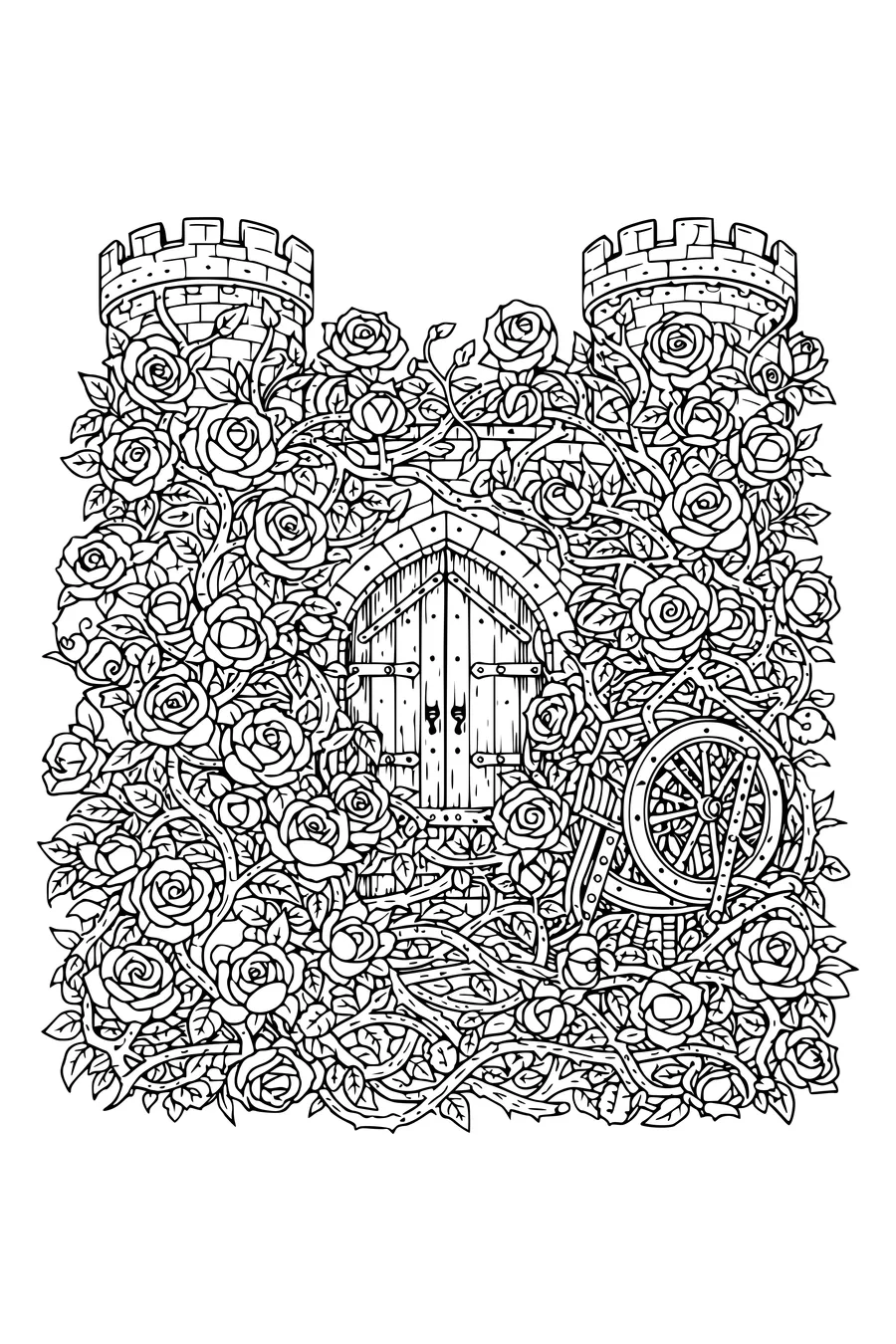 Coloring page of a castle gate overgrown with thorny rose briars