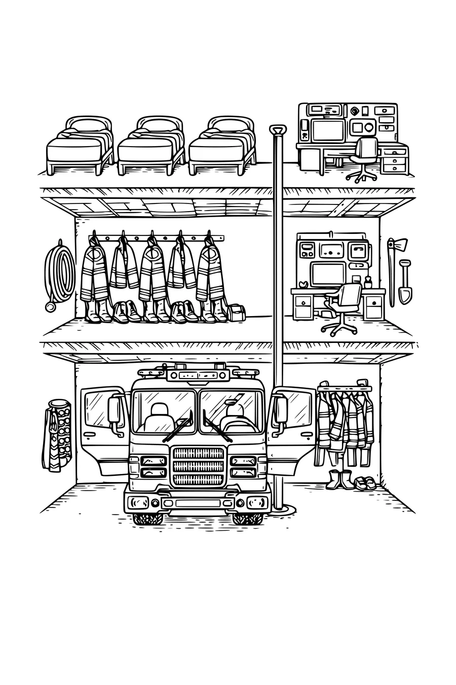 Coloriage de coupe d’une caserne de pompiers avec glissière