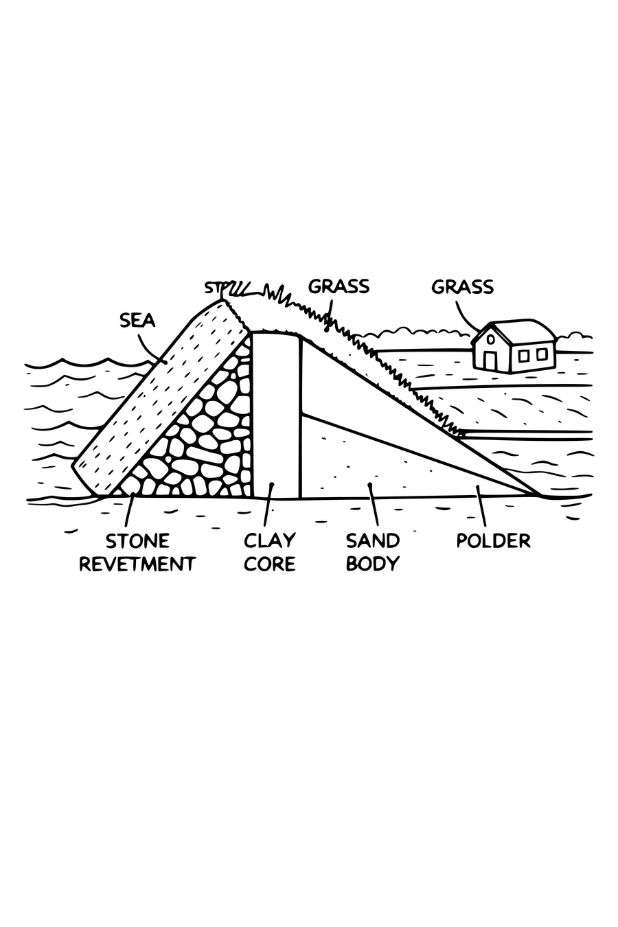 Coloring page of a cross-section through a sea dike with a polder below sea level
