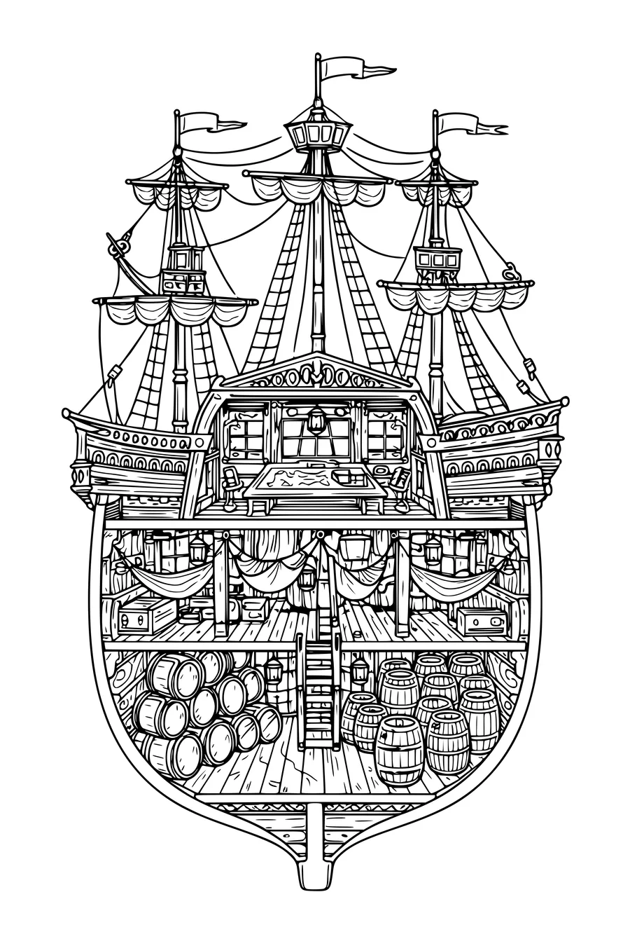 Coloring page of a ship cutaway showing hold, hammocks and cabin