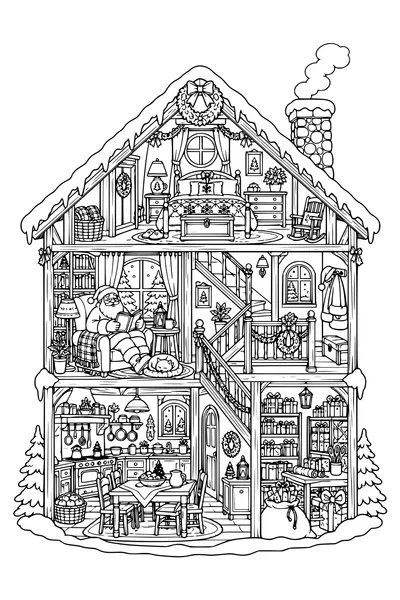 Maison en coupe montrant cuisine, coin lecture, salle des paquets et chambre du Père Noël.