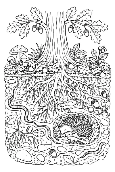A detailed autumn forest-floor cutaway shows leaf litter, tree roots, earthworm tunnels, acorns and a hedgehog nest in coherent soil layers.