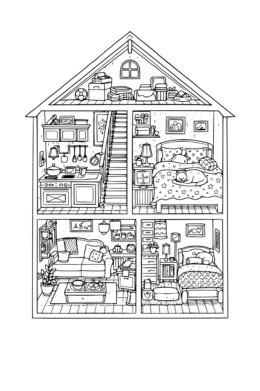 Coloring page of a house cutaway showing all the rooms inside