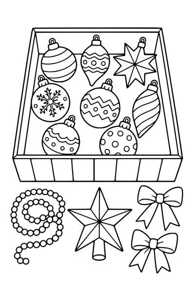 Free printable coloring page of box of christmas baubles and garlands