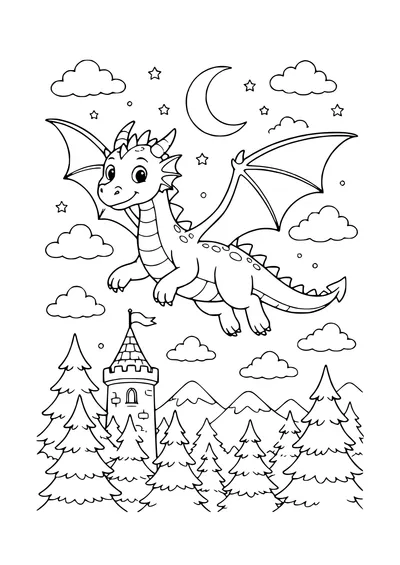 Kostenloses Ausmalbild: Drache über dem Wald