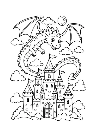 Kostenloses Ausmalbild: Drache über der Burg