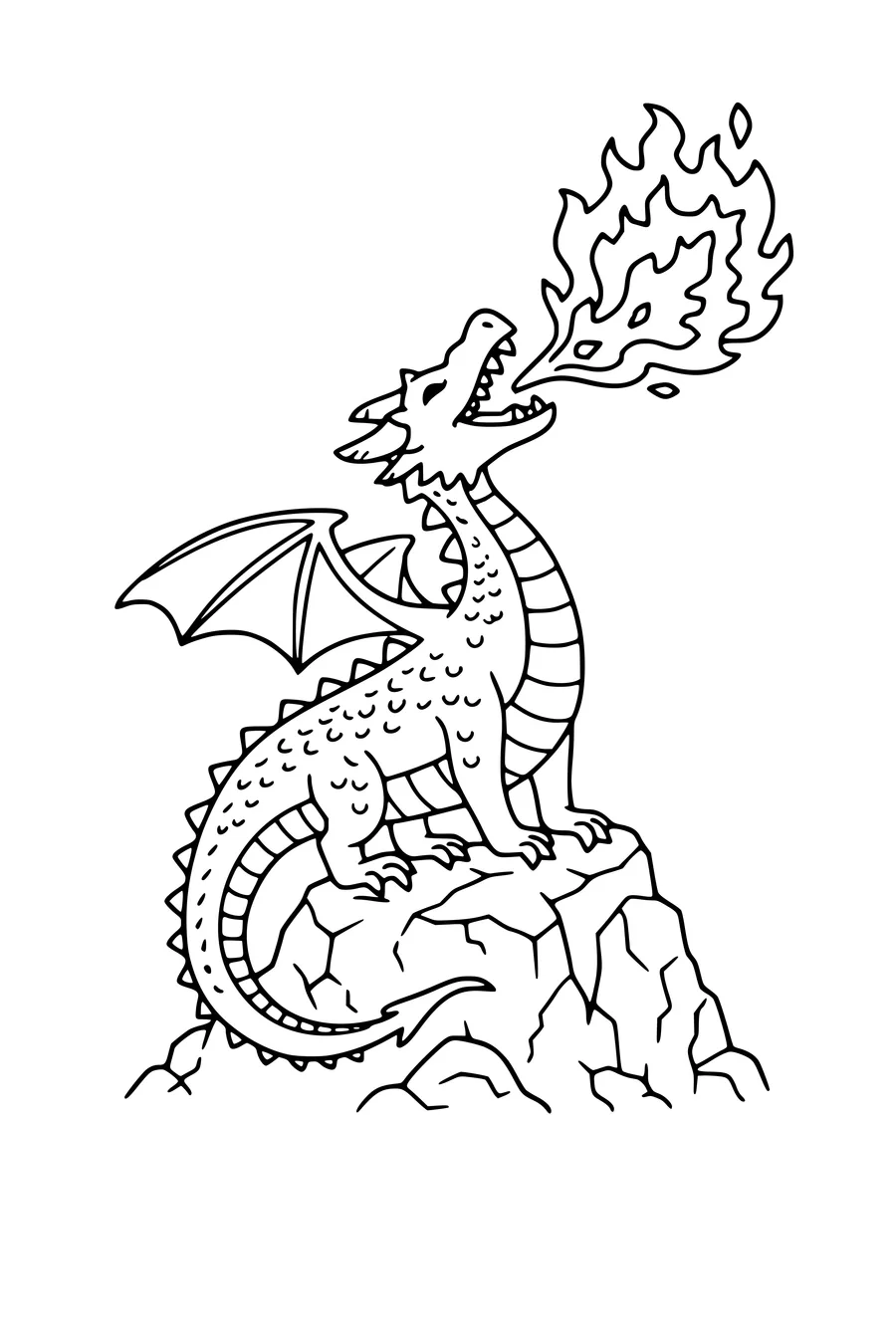 Coloring page of a dragon breathing fire from a rocky outcrop