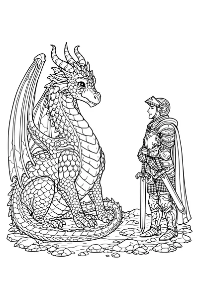 Coloring page of a dragon and a knight facing each other