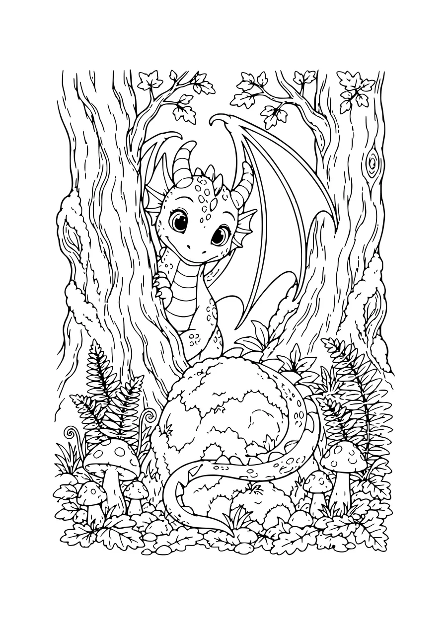 Coloriage gratuit : dragon dans la forêt